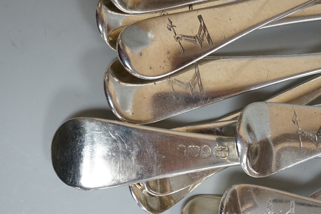A harlequin part canteen of 19th century Old English pattern flatware, comprising thirty items, all with engraved crest, various dates and makers, 38.1oz.